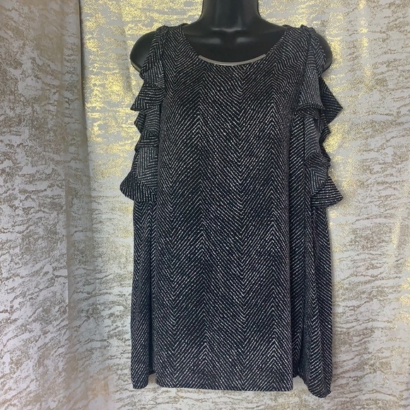 Michael Michael Kors black/white ruffled cold shoulder blouse size L - Picture 2 of 13